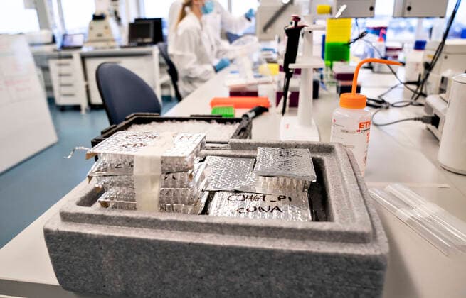 Forskere paa Aalborg Universitet arbejder med at analysere alle positive danske coronaproever for den engelske virusvariant cluster B.1.1.7, fredag den 15. januar 2021. Det foregaar paa Institut for Kemi og Biovidenskab under ledelse af professor Mads Albertsen og resultaterne sendes hver dag til Statens Serum Institut. Her kan man saa starte en smitteopsporing.. , Aalborg Jylland Denmark Copyright: HenningxBagger HenningxBaggerx COP103 spdk20210115-121958-L