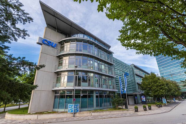 The CSU is the sister party of CDU and operates in Bavaria only. Together with the CDU they form the Christian Union. Munich, Germany - August 16, 2020: New Headquarters of conservative Christian Social Party - CSU in Munich, Germany