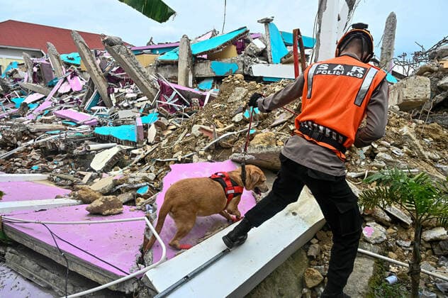 Bilder des Jahres 2021, News 01 Januar News Themen der Woche KW02 News Bilder des Tages January 17, 2021, Mamuju, West sulawesi, Indonesia: An Indonesian K9 police unit searches for victims following a earthquake in Mamuju Indonesia on Sunday, January 17, 2021. Following the 6.2 magnitude earthquake which hit early on January 15 and killed at least 56 people, hundreds were injured and thousands of residents had evacuate. Mamuju Indonesia - ZUMAh421 20210117_zip_h421_008 Copyright: xHariandixHafidx