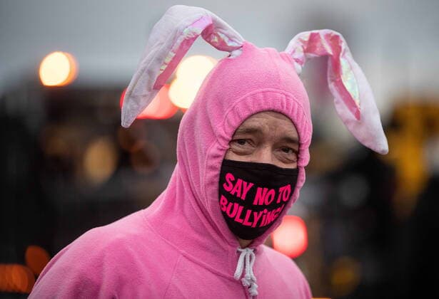January 17, 2021, Mission, BC, Canada: Oragnzier Clark Jahn wears a bunny suit and an anti-bullying face mask while attending an anti-bullying parade of more than 1,000 vehicles in support of a transgender teenager who was allegedly assaulted outside a school, in Mission, B.C., on Sunday, January 17, 2021. According to RCMP two students were arrested and charges were recommended in regards to the incident that was recorded and posted online. Mission Canada - ZUMAc35_ 20210117_zaf_c35_045 Copyright: xDarrylxDyckx