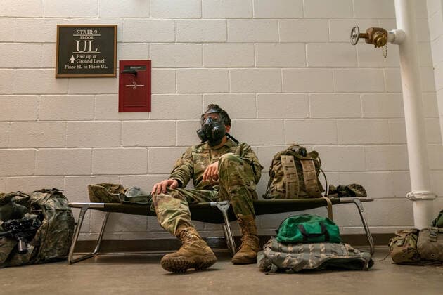 National Guard troops rest up inside the U.S. Capitol ahead of the inauguration for President-elect Joe Biden in Washington, DC on Monday, January 18, 2021. Security is even tighter given the recent events when pro-Trump MAGA mobs breached the security perimeter and penetrated the U.S. Capitol on Jan 6.  WAP20210118526 KenxCedeno