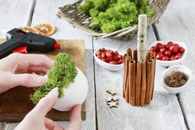 Florist at work: How to make beautiful Christmas decoration in tree shape with moss, cinnamon sticks and rose hip. Step by step, tutorial.  BEW1D5EB4EA