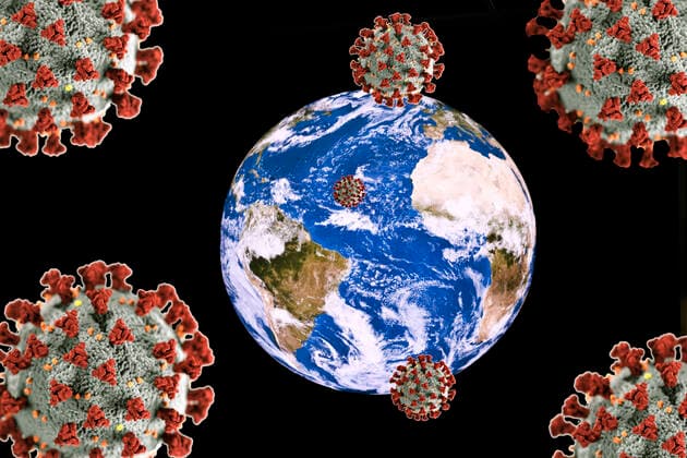 Angriff auf die Erde mit Coronaviren, Fotomontage, Deutschland attack on the earth with coronaviruses, photomontage, Germany BLWS636070