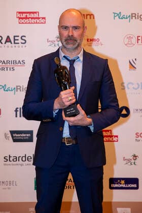 Gunter Schmid of Eyeworks Film & TV Drama poses for the photographer with the award for Best TV-series at the award ceremony of the Ensors Flemish film prizes during the FFO Nights 2021 of the Oostende Film Festival, Saturday 23 January 2021, in Oostende.  NICOLASxMAETERLINCK 2629194