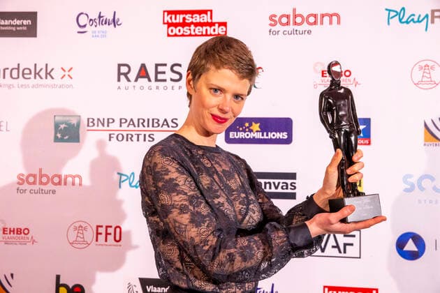 Actress Maaike Neuville poses for the photographer with award for Best Actress at the award ceremony of the Ensors Flemish film prizes during the FFO Nights 2021 of the Oostende Film Festival, Saturday 23 January 2021, in Oostende.  NICOLASxMAETERLINCK 2629201