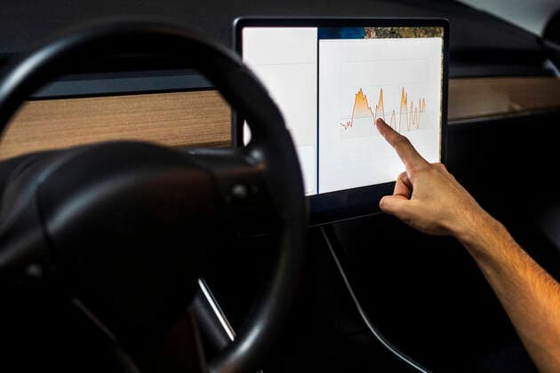 Male technician examining graph on digital tablet while programming in car model released Symbolfoto property released DLTSF01435