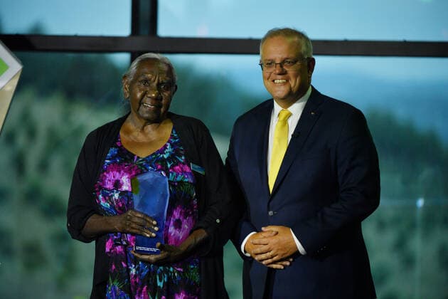 2021 AUSTRALIAN OF THE YEAR AWARDS, Prime Minister Scott Morrison with 2021 Senior Australian of the Year winner Dr Miriam-Rose Ungunmerr Baumann during the 2021 Australian of the Year Awards at the National Arboretum in Canberra, Monday, January 25, 2021. ( NO ARCHIVING, EDITORIAL USE ONLY, NO USE IN BOOKS WITHOUT CONSENT CANBERRA ACT AUSTRALIA  Copyright: xMICKxTSIKASx 20210125001515979404
