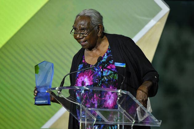 2021 AUSTRALIAN OF THE YEAR AWARDS, 2021 Senior Australian of the Year winner Dr Miriam-Rose Ungunmerr Baumann during the 2021 Australian of the Year Awards at the National Arboretum in Canberra, Monday, January 25, 2021. ( NO ARCHIVING, EDITORIAL USE ONLY, NO USE IN BOOKS WITHOUT CONSENT CANBERRA ACT AUSTRALIA  Copyright: xMICKxTSIKASx 20210125001515980334