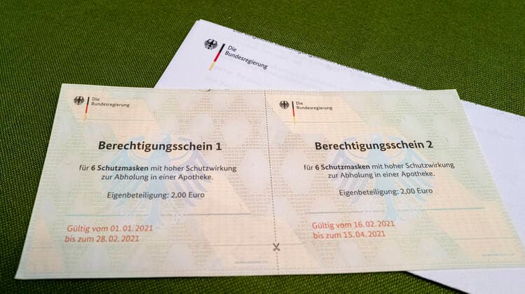 Berechtigungsschein für Schutzmasken mit hoher Schutzwirkung zur Abholung in der Apotheke , Bundesregierung Zuwendung für Senioren FFP2 Berechtigungsschein 1 Berechtigungsschein 2