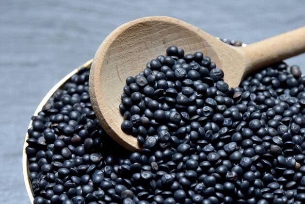 IMAGO Nature: Unsere Erde, Klimawandel, Ernährung, Pflanzen der Zukunft, Linse  Beluga-Linsen in Kochlöffel *** Beluga Lentils in Cooking Spoon Copyright: imageBROKER/J.xPfeiffer iblpjr05185771.jpg