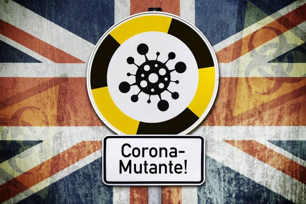FOTOMONTAGE, Schild mit Coronavirus-Symbol und Fahne von GroÃŸbritannien, britische Virus-Mutante