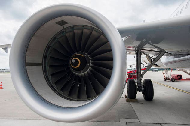 Germany, Lufthansa biofuel GERMANY, Hamburg airport , trial phase with biofuel , Lufthansa jet Airbus A321 , one turbine is powered with 50 percent biofuel a blend of Jatropha , Camelina oil and animal grease