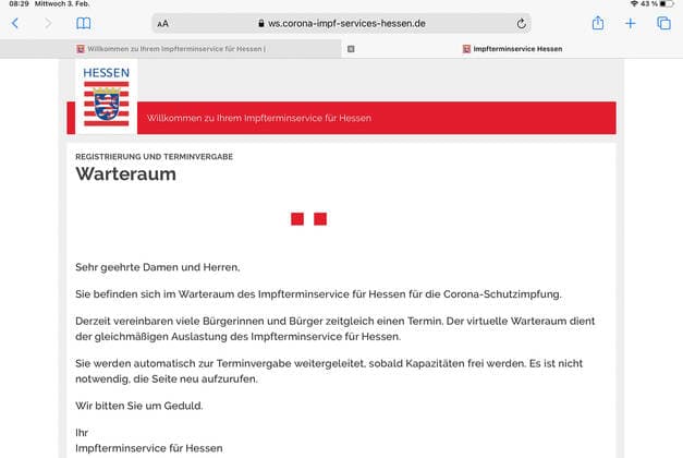 Gross-Umstadt Hessen am 3. Februar 2021 v.l., Impftermine in Hessen, am Frühstückstisch versuchen die Bürger in Hessen um Terminvergabe für die Impfung gegen COVID-19, Symbolbild Warteraum, Homepage Landesregierung Hessen Foto: Joaquim Ferreira Copyright: JoaquimxFerreira