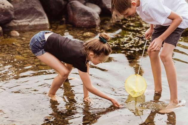 IMAGO Creative, Jahreszeit Sommer, Sommerferien IMAGO Creative: Klimawandel - Umwelterziehung Brother and sister fishing in sea during vacation Sweden, Gothenburg, model released Copyright: xMaskotx , MA83867