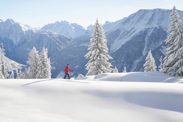 Creative Highlights Symbolbilder Schneeschuhläuferin, unberührtes Schneefeld im Vordergrund, tief verschneite Tannen und Schneeberge im Hintergrund, Talblick. Bettmeralp, Wallis, Schweiz *** Snowshoe walker, untouched snow field in the foreground, deep snow covered firs and snow mountains in the background, valley view Bettmeralp, Valais, Switzerland 1082501623