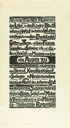 Gustav Heinrich Wolff, Regressiv (typeface with verses by Gottfried Benn), woodcut, image size: height: 58.8 cm; width: 30.5 cm, signed and dated: recto unten rechts: with pen: G.H. Wolff 1930, inscribed: recto unten: Gottfried Benn Regressiv, Layout and Typography, Letters, Alphabet, Font, Literature, Poetry, Classical Modernism, Typographical design of the poem Regressiv by Gottfried Benn (1927) Produced for the pedestal of the Benn portrait at the exhibition at Alfred Flechtheim, Berlin 1930. Cf. Holthusen 1964 Graphic No. 79.  Copyright Artokoloro LCMH201205_10538