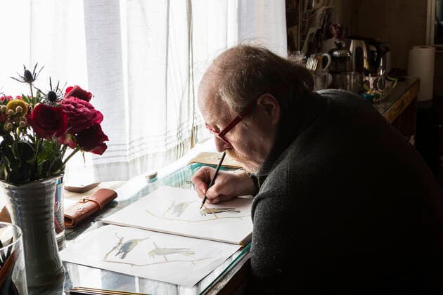 Mature artist at work drawing on paper, a wildlife study of birds. USA,Mature artist at work drawing on paper, a wildlife study of birds.  Mature artist at work drawing on paper, a wildlife study of birds.