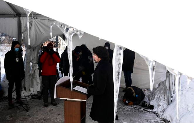 February 12, 2021, Ottawa, on, Canada: Prime Minister Justin Trudeau holds a press conference at Rideau Hill Ottawa on Friday, Feb. 12, 2021, to provide an update on the COVID-19 pandemic. Ottawa Canada  - ZUMAc35_ 20210212_zaf_c35_002 Copyright: xSeanxKilpatrickx