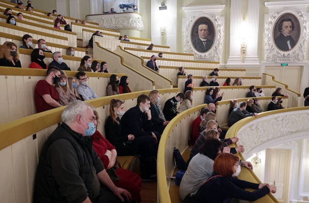 MOSCOW, RUSSIA - FEBRUARY 12, 2021: Spectators seated in compliance with social distancing rules for a gala concert held at the Moscow State Tchaikovsky Conservatory to close the Winter International Arts Festival. Gavriil Grigorov TASS  TS0F6A78