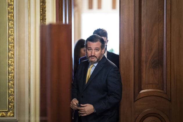 Sen. Ted Cruz, R-Texas, walks into the Senate Reception room on the fourth day of the Senate Impeachment trial for former President Donald Trump at the U.S. Capitol in Washington DC on Friday, February 12, 2021. Pool photo by Jabin Botsford  WAP20210212541 JabinxBotsford