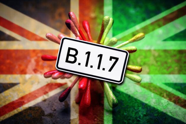 FOTOMONTAGE, Coronavirus-Modell, Schriftzug B.1.1.7 und Fahne von GroÃŸbritannien, Symbolfoto britische Virus-Mutation