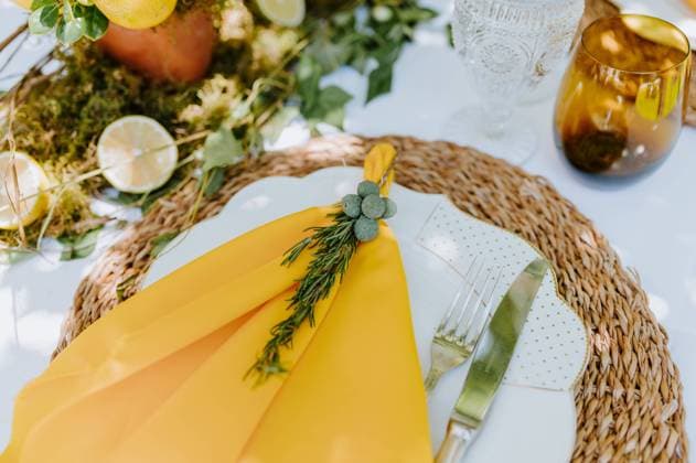 From above of plate with yellow napkin decorated with rosemary sprig placed on banquet table in garden Copyright: xMauricioxGarayx Model Released