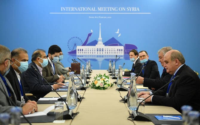 Bilder des Jahres 2021, News 02 Februar News Themen der Woche KW07 SOCHI, RUSSIA - FEBRUARY 16, 2021: Ali Asghar Khaji (3rd L), a special assistant to Iran s foreign minister for special political affairs, and Russia s Special Presidential Envoy for Syria Alexander Lavrentyev (2nd R) meet as part of the 15th International Meeting on Syria in the Astana format. Yevgeny Biyatov POOL TASS  TS0F6DED