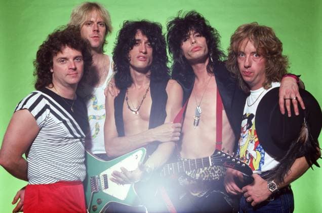 CLARKSTON, MI - JULY 11: (L-R) Drummer Joey Kramer, guitarist Brad Whitford, guitarist Joe Perry, singer Steven Tyler and bassist Tom Hamilton of the rock group Aerosmith pose for a studio portrait during the Back in the Saddle Tour on July 11, 1984 at Pine Knob Music Theatre in Clarkston, Michigan. Copyright: xRossxMarinoxArchivex xMediaPunchx