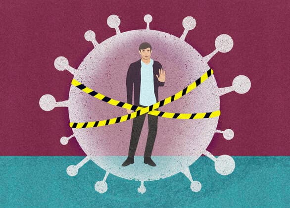 Creative Highlights Symbolbilder Mann hinter Sicherheitsband im Coronavirus-Organismus *** Man behind security tape in coronavirus organism  Copyright: xMarcusxButtx 12030084