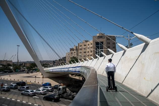 The Cordes Bridge. This one is now part of the jerusalemite landscape. With its steel cables connecting the structure to a sort of mast, the futuristic work of Spanish architect Santiago Calatrava allows the tramway to cross a busy intersection in Jerusalem, on the road leading to Tel Aviv. A footbridge with glass railing adjacent to the tramway has been provided for pedestrians. May 17, 2018. Jerusalem. Israel.  MichaelxBunelx xLexPictorium LePictorium_0233683