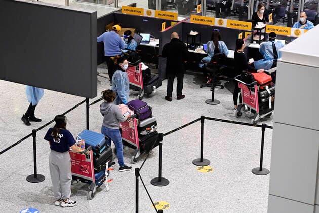 February 22, 2021, Toronto, on, Canada: Travellers, who are not affected by new quarantine rules, arrive at Terminal 3 at Pearson Airport in Toronto early Monday, February 22, 2021. Prime Minister Justin Trudeau announced that all travellers entering Canada by air would have to quarantine in a hotel for three days at their own expense starting later today. Toronto Canada  - ZUMAc35_ 20210222_zaf_c35_003 Copyright: xFrankxGunnx