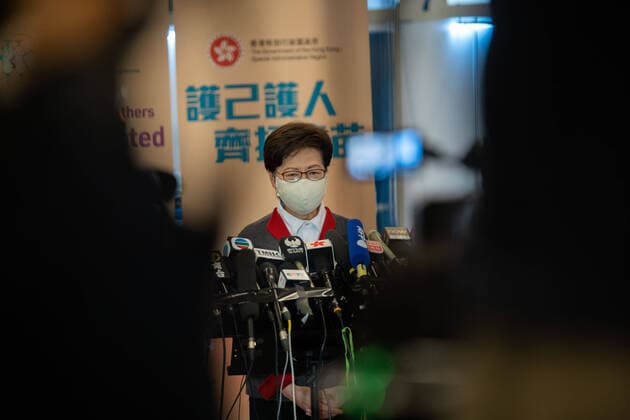 February 22, 2021, Hong Kong, China: Carrie Lam, Hong Kong Chief Executive speaks to the media at the Community Vaccination Centre at the Hong Kong Central Library after getting the COVID-19 vaccination..Hong Kong Chief Executive Carrie Lam and members of her cabinet receive their first dose of of the COVID-19 vaccine in a bid to boost public confidence to the vaccine as the vaccination program for the public will begin on 26th February. Hong Kong China - ZUMAs197 20210222_zaa_s197_001 Copyright: xGeovienxSox