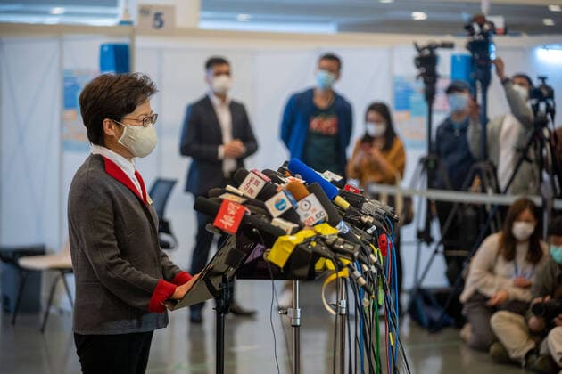 February 22, 2021, Hong Kong, China: Carrie Lam, Hong Kong Chief Executive speaks to the media at the Community Vaccination Centre at the Hong Kong Central Library after getting the COVID-19 vaccination..Hong Kong Chief Executive Carrie Lam and members of her cabinet receive their first dose of of the COVID-19 vaccine in a bid to boost public confidence to the vaccine as the vaccination program for the public will begin on 26th February. Hong Kong China - ZUMAs197 20210222_zaa_s197_012 Copyright: xGeovienxSox