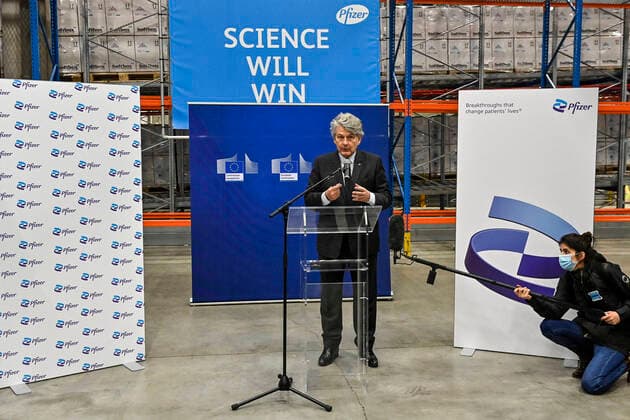 EU Commissioner for internal market Thierry Breton pictured during a visit of EU Commissioner Breton to the packaging line at the Pfizer production plant in Puurs, Monday 22 February 2021. The Covid-19 vaccin of Pfizer-BioNTech is produced in Puurs.  DIRKxWAEM 2649872