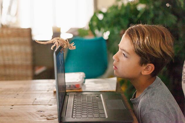 Boy looking at toy dinosaur during his distance learning. San Diego, CA, United States CR_CHDO210222E-652367-01 ,model released, Symbolfoto
