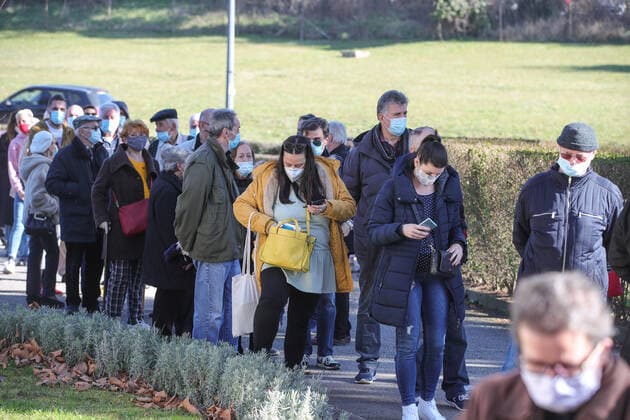 Vaccination in Zagreb, Croatia People wait in line to receive coronavirus disease (COVID-19) vaccine during a mass vaccination in Zagreb, Croatia on February 23, 2021. SanjinxStrukic PIXSELL