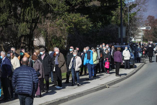 Vaccination in Zagreb, Croatia People wait in line to receive coronavirus disease (COVID-19) vaccine during a mass vaccination in Zagreb, Croatia on February 23, 2021. SanjinxStrukic PIXSELL