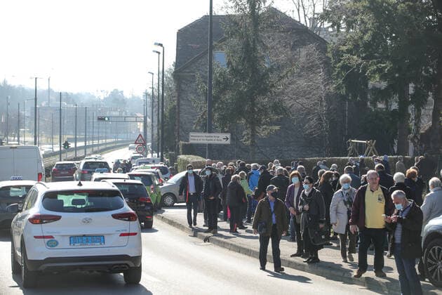 Vaccination in Zagreb, Croatia People wait in line to receive coronavirus disease (COVID-19) vaccine during a mass vaccination in Zagreb, Croatia on February 23, 2021. SanjinxStrukic PIXSELL