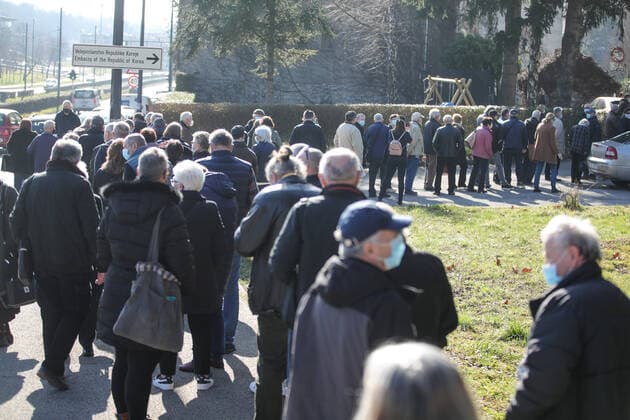 Vaccination in Zagreb, Croatia People wait in line to receive coronavirus disease (COVID-19) vaccine during a mass vaccination in Zagreb, Croatia on February 23, 2021. SanjinxStrukic PIXSELL