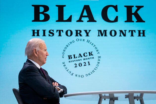 February 23, 2021, Washington, District of Columbia, USA: United States President Joe Biden participates in a virtual roundtable with Black essential workers, in the South Court Auditorium of the New Executive Building adjacent to the White House in Washington, D.C., on Tuesday, February 23, 2021 Washington USA - ZUMAs152 20210223_zaa_s152_348 Copyright: xPetexMarovichx