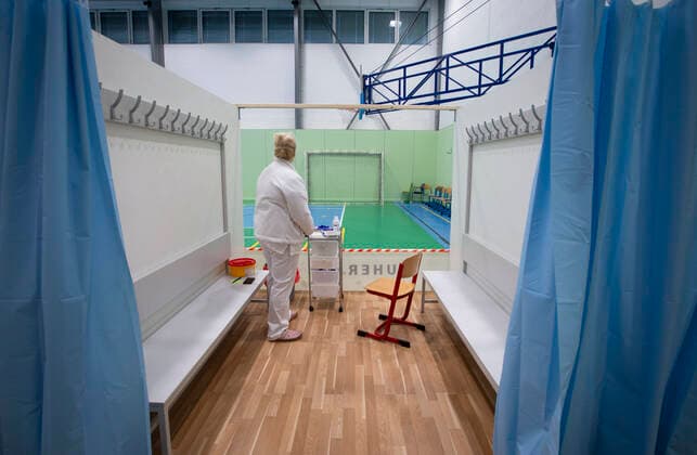 The large-capacity vaccination center against COVID-19 start trial operation on February 24, 2021, in a sports hall in Ricany, near Prague, Czech Republic. In the Czech Republic continues vaccination of seniors against coronavirus. (CTKxPhoto KaterinaxSulova) CTKPhotoP202102240398001 suk005