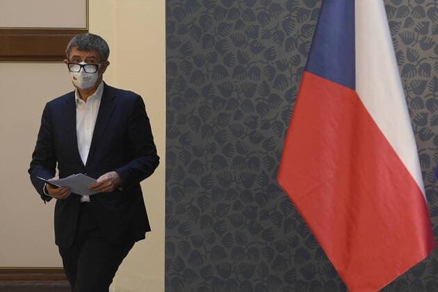 Czech Prime Minister Andrej Babis comes to a press conference on February 24, 2021, in Prague, Czech Republic. Czech government is to meet this evening and will ask for extension of state of emergency after Saturday. Anti-COVID measures must be tightened, Babis said. (CTKxPhoto OndrejxDeml) CTKPhotoP202102240418501  _DML3005