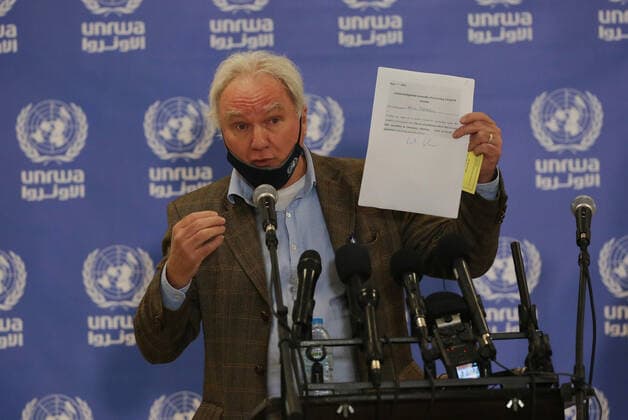 February 24, 2021, Gaza city, Gaza Strip, Palestinian Territory: Director of UNRWA Affairs in Gaza strip, Matthias Schmale, speaks before receiving a dose of coronavirus disease (COVID-19) vaccine at a UN clinic in Gaza City, on February 24, 2021. Palestinians in Gaza began a limited COVID-19 vaccination programme on Monday after receiving doses donated by Russia and the United Arab Emirates, but a wider campaign could be further off as health officials await larger shipments Gaza city Palestinian Territory - ZUMAap3_ 20210224_zaf_ap3_001 Copyright: xAshrafxAmrax