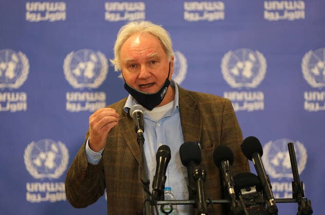 February 24, 2021, Gaza city, Gaza Strip, Palestinian Territory: Director of UNRWA Affairs in Gaza strip, Matthias Schmale, speaks before receiving a dose of coronavirus disease (COVID-19) vaccine at a UN clinic in Gaza City, on February 24, 2021. Palestinians in Gaza began a limited COVID-19 vaccination programme on Monday after receiving doses donated by Russia and the United Arab Emirates, but a wider campaign could be further off as health officials await larger shipments Gaza city Palestinian Territory - ZUMAap3_ 20210224_zaf_ap3_003 Copyright: xAshrafxAmrax