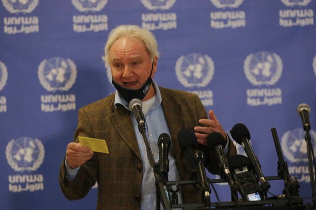 February 24, 2021, Gaza city, Gaza Strip, Palestinian Territory: Director of UNRWA Affairs in Gaza strip, Matthias Schmale, speaks before receiving a dose of coronavirus disease (COVID-19) vaccine at a UN clinic in Gaza City, on February 24, 2021. Palestinians in Gaza began a limited COVID-19 vaccination programme on Monday after receiving doses donated by Russia and the United Arab Emirates, but a wider campaign could be further off as health officials await larger shipments Gaza city Palestinian Territory - ZUMAap3_ 20210224_zaf_ap3_008 Copyright: xAshrafxAmrax