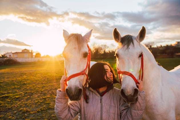 IMAGO Creative, Kinder auf dem Reiterhof Girl standing between horses at ranch during sunset model released Symbolfoto property released RSGF00524