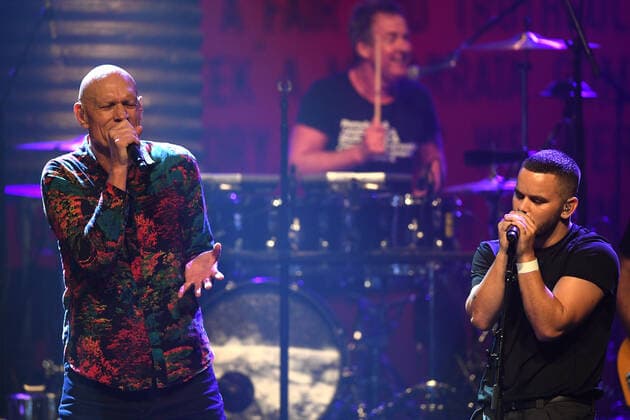 MIDNIGHT OIL MAKARRATA LIVE SYDNEY, Peter Garrett and Midnight Oil perform First Nations with Tasman Keith (right) during a warm-up show ahead of their Makarrata Project tour, at the Enmore Theatre, in Sydney, Thursday, February 25, 2021. ( NO ARCHIVING, EDITORIAL USE ONLY, NO USE IN BOOKS WITHOUT CONSENT SYDNEY NSW AUSTRALIA  Copyright: xDANxHIMBRECHTSx 20210225001523163915