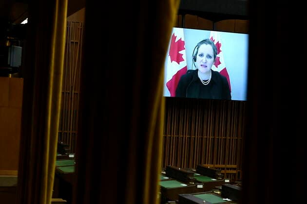 February 25, 2021, Ottawa, on, Canada: Deputy Prime Minister and Minister of Finance Chrystia Freeland is seen via videoconference as she rises during Question Period in the House of Commons on Parliament Hill in Ottawa on Thursday, Feb. 25, 2021. Ottawa Canada  - ZUMAc35_ 20210225_zaf_c35_069 Copyright: xJustinxTangx
