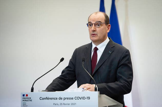 Coronavirus in Frankreich, Jean Castex Pressekonferenz in Paris Jean Castex, premier ministre, donne une conference de presse sur la situation de la pandemie de la Covid 19. NEWS : Conference de presse sur la situation de la pandemie de la Covid 19 - Paris - 25 02 2021 Pool Panoramic  REA_293724