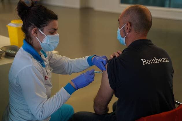 Wanda Metropolitan Stadium during the second day of a mass vaccination of Police and Firefighters with AstraZeneca vaccine against coronavirus in Madrid Cordon Press